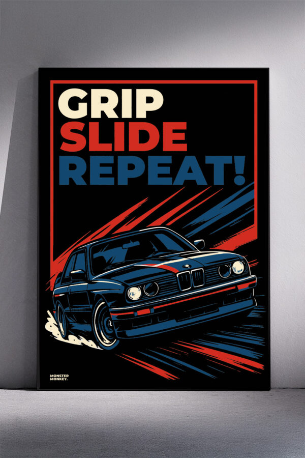 plakat z bmw e30 grip slide repeat dla fana motoryzacji Plakat BMW E30 Gripe Slide Repeat!